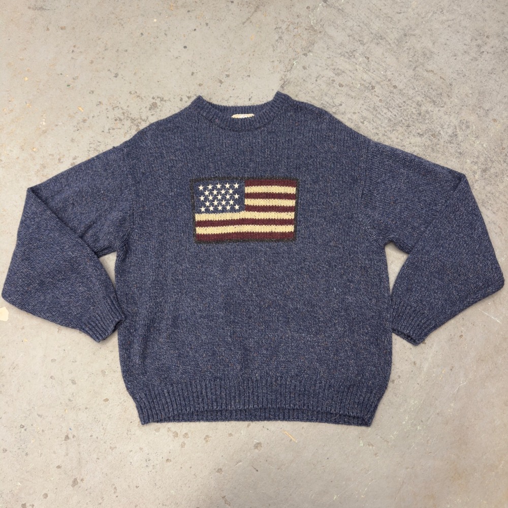 RedHead Mens XL American Flag Crew Neck Sweater Blue Marled Knit Pullover